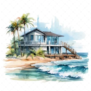 19 High-Quality Beach Houses Clipart - Beach house digital watercolor JPG instant download for commercial use - Digital download