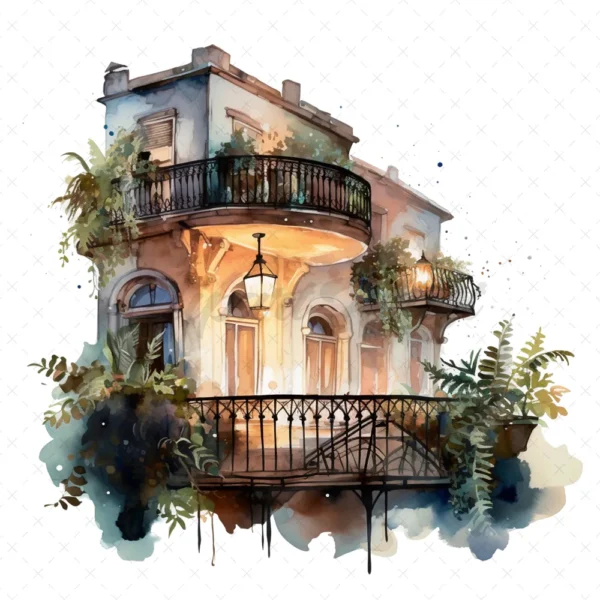 21 High-Quality Night Balconies Clipart - Night balconies digital watercolor JPG instant download for commercial use - Digital download