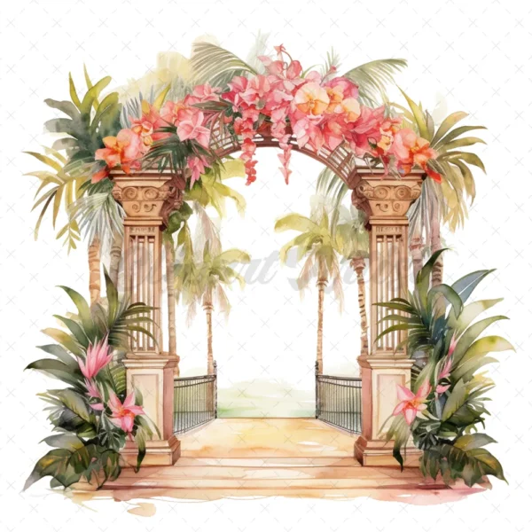 20 High-Quality Wedding Gate Clipart - Tropical wedding gate digital watercolor JPG instant download for commercial use - Digital download
