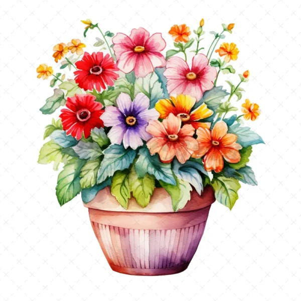 20 High-Quality Colorful Flower Pots Clipart - Colorful flower watercolor digital JPG instant download for commercial use - Digital download