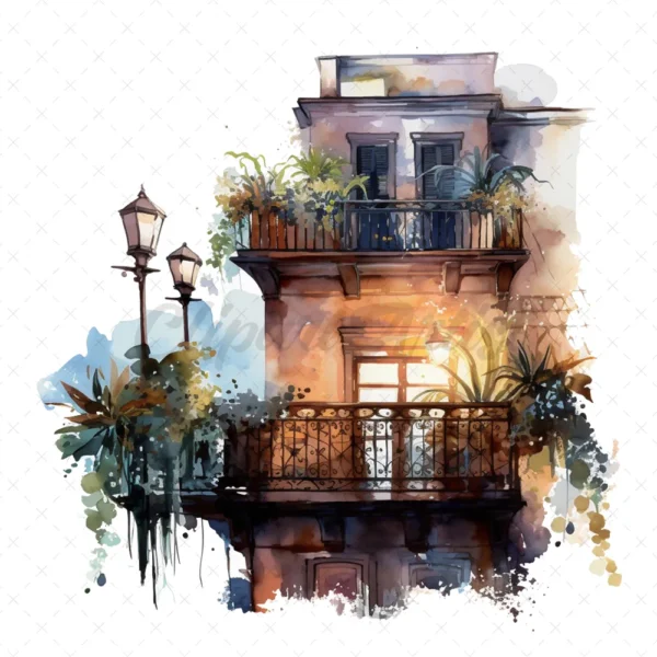 21 High-Quality Night Balconies Clipart - Night balconies digital watercolor JPG instant download for commercial use - Digital download