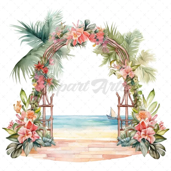 20 High-Quality Wedding Gate Clipart - Tropical wedding gate digital watercolor JPG instant download for commercial use - Digital download
