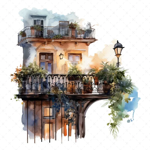 21 High-Quality Night Balconies Clipart - Night balconies digital watercolor JPG instant download for commercial use - Digital download