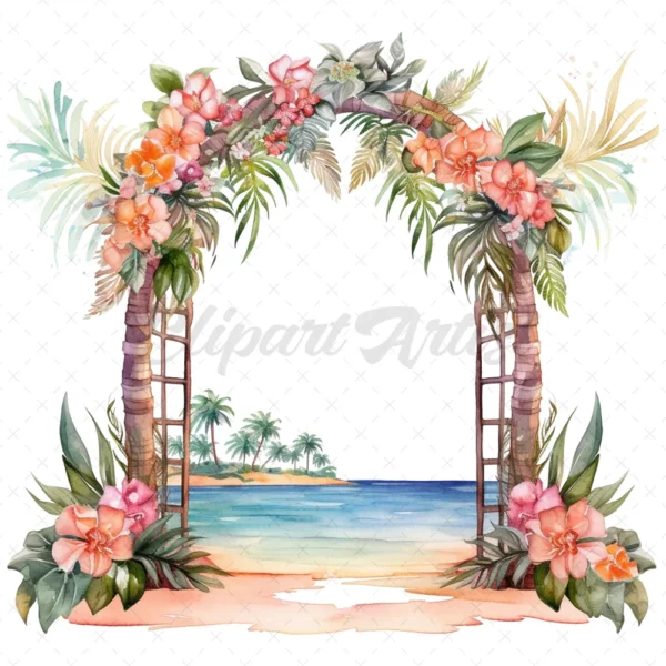 20 High-Quality Wedding Gate Clipart - Tropical wedding gate digital watercolor JPG instant download for commercial use - Digital download