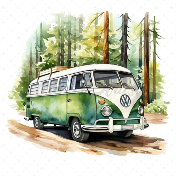 19 High-Quality Camping Bus Clipart - Camping bus digital watercolor JPG instant download for commercial use - Digital download