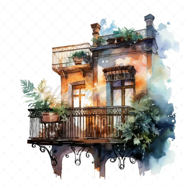 21 High-Quality Night Balconies Clipart - Night balconies digital watercolor JPG instant download for commercial use - Digital download