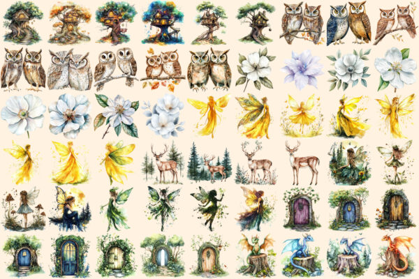 Magical Forests Watercolor Clipart Bundle - 350+ transparent PNG, Magical forest graphics, Nature images, Commercial use, Digital download