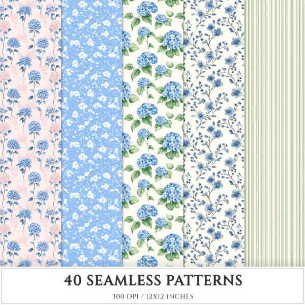 Grandmillennial Seamless Patterns, Chinoiserie JPEG, Pastel floral pattern, Stripes and plaid repeating pattern, Digital scrapbook paper