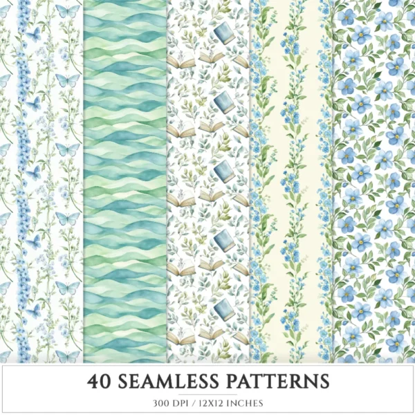 Springtime Planning Seamless Patterns, Cute spring JPEG, Spring reading pattern, Meadow flowers repeating pattern, Digital scrapbook paper