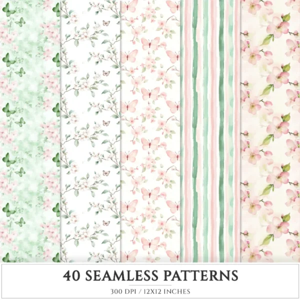 Spring Planner Seamless Patterns, Springtime Floral JPEG, Floral seamless pattern, Spring blossom repeating pattern, Digital scrapbook paper