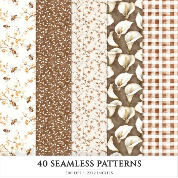 Mocha Spring Seamless Patterns, Cottage spring JPEG, Calla lily pattern, Mushroom, Spring flowers repeating pattern, Digital scrapbook paper