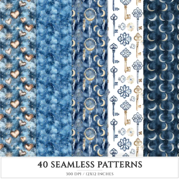 Celestial Elf Seamless Patterns, Magical nightscape JPEG, Fantasy universe pattern, Moon and stars repeating pattern,Digital scrapbook paper