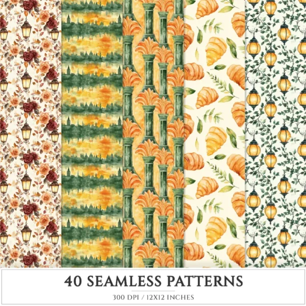 Venetian Summer Seamless Patterns, Italy travel JPEG, Vine leaves pattern, Citrus, Summer beach repeating pattern, Digital scrapbook paper