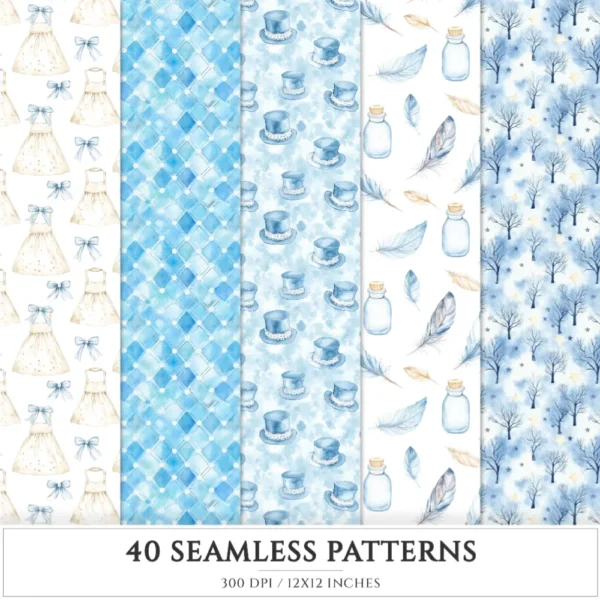 Modern Alice Seamless Patterns, Fairytale alice JPEG, Cottagecore pattern, Rabbit, Fantasy, Roses repeating pattern, Digital scrapbook paper