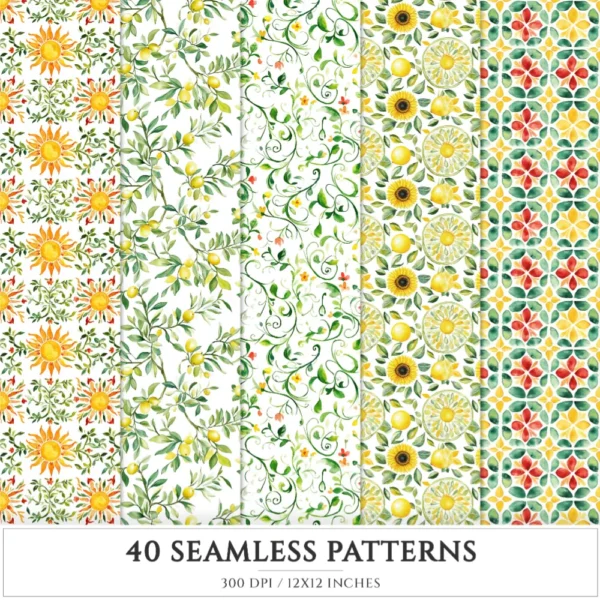 Italian Vibes Seamless Patterns, Mediterranean summer JPEG, Lemon motifs pattern, Italian tiles repeating pattern, Digital scrapbook paper