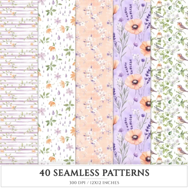 Spring Awakening Seamless Patterns, Whimsical spring JPEG, Floral pattern, Lavender, Spring meadow repeating pattern,Digital scrapbook paper