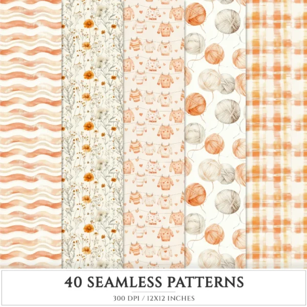 Autumn Planner Seamless Patterns, Cozy autumn JPEG, Maple leaves pattern, Acorns, Plaid, Pumpkins repeating pattern, Digital scrapbook paper