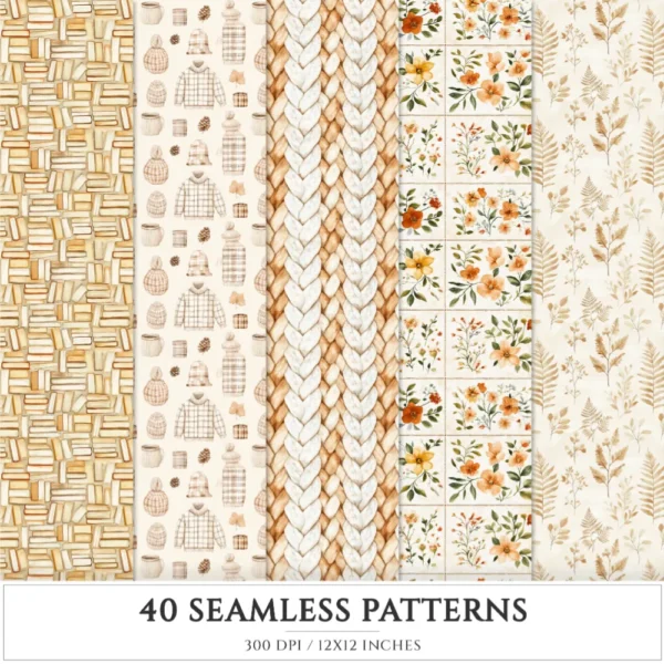 September End Seamless Patterns, Cozy autumn JPEG, Maple and pumpkin pattern, Plaid, Knitted cozy repeating pattern, Digital scrapbook paper