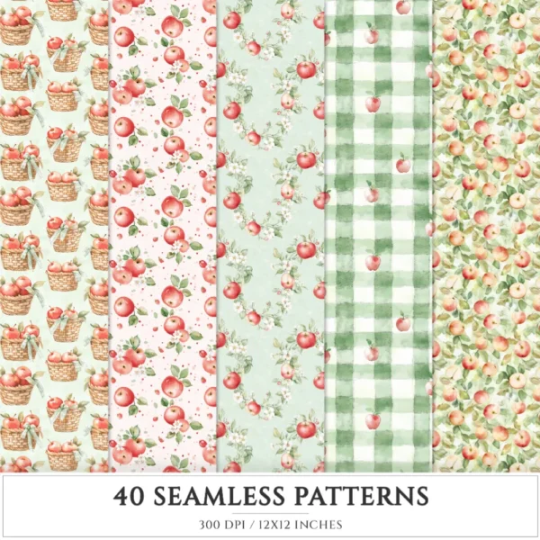 Falling Apples Seamless Patterns, Cozy autumn JPEG, Apples pattern, Pie, Leaves, Apple Gingham repeating pattern, Digital scrapbook paper
