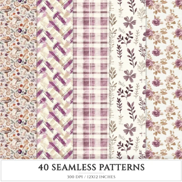 Plum Mood Seamless Patterns, Cozy autumn JPEG, Mushroom pattern, Floral, Plaid, Autumn leaves repeating pattern, Digital scrapbook paper