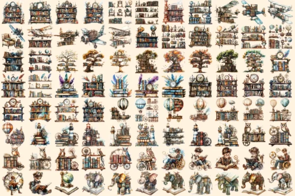 Steampunk Books Watercolor Clipart Bundle - 603+ transparent PNG, Retro sci-fi books images, Futuristic art, Commercial use,Digital download