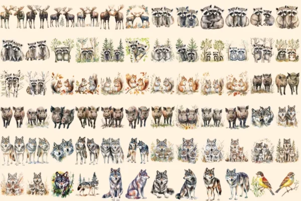 Wild Woodland Watercolor Clipart Bundle - 500+ transparent PNG, Woodland creature graphics, Nature images, Commercial use, Digital download