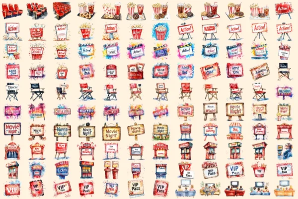 Movie Time Watercolor Clipart Bundle - 760+ transparent PNG, Cinema snacks illustration, Movie night art, Commercial use, Digital download