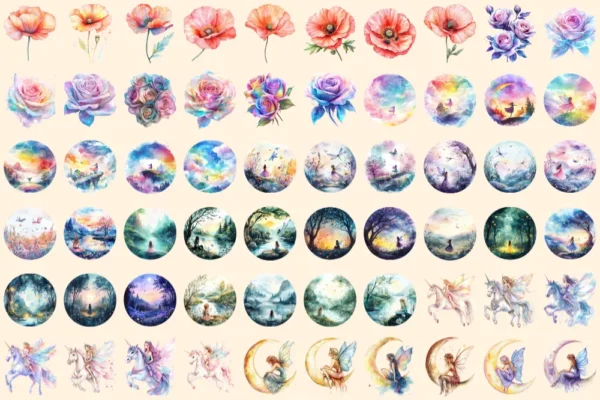 Magical Fairies Watercolor Clipart Bundle - 403+ transparent PNG, Fairy magic graphics, Enchanting images, Commercial use, Digital download