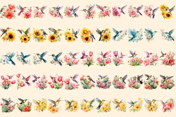 Floral Hummingbirds Watercolor Clipart Bundle - 380+ transparent PNG, Hummingbirds png, Spring bird images, Commercial use, Digital download
