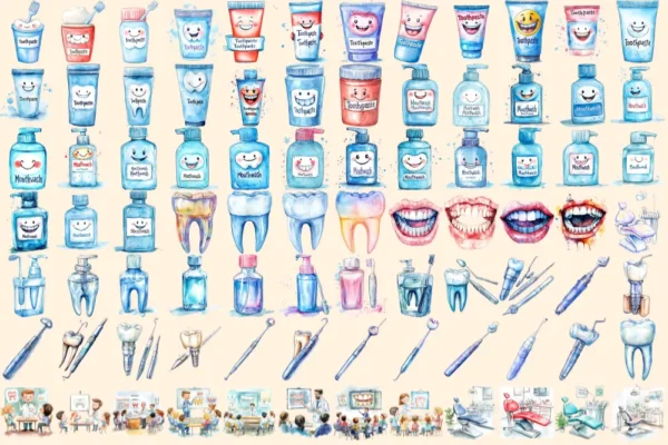 Dentistry Watercolor Clipart Bundle - 547+ transparent PNG, Dental equipment graphics, Oral health images, Commercial use, Digital download