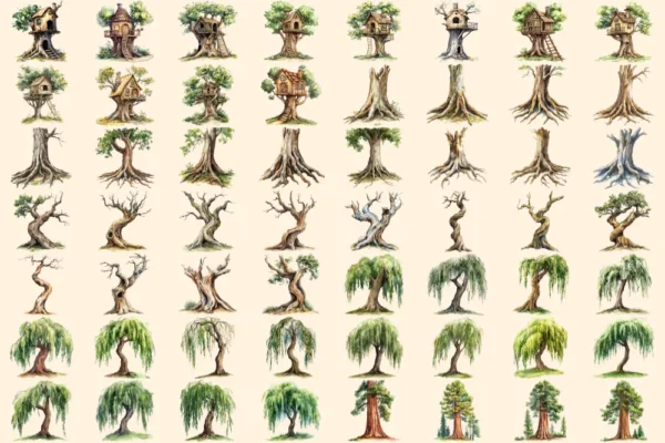 Tree Trunks Watercolor Clipart Bundle - 385+ transparent PNG, Wooden nature illustration, Eco forest art, Commercial use, Digital download