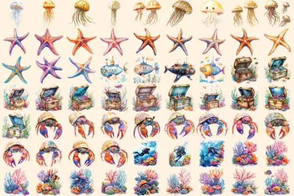 Under the Sea Watercolor Clipart Bundle - 422+ transparent PNG, Ocean life graphics, Marine creature art, Commercial use, Digital download