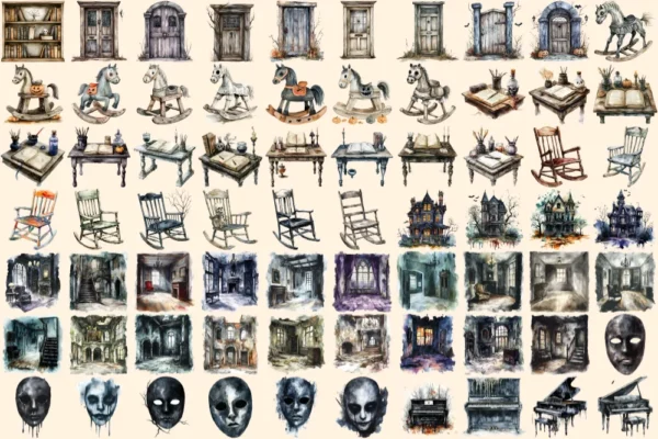 Haunted Mansion Watercolor Clipart Bundle - 475+ transparent PNG, Eerie house png, Ghostly spooky decor, Commercial use, Digital download