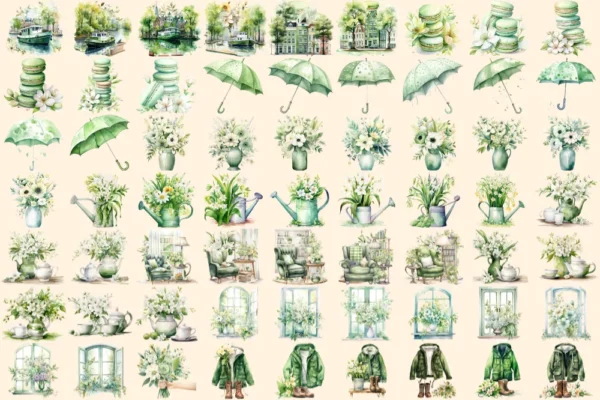 Green Spring Watercolor Clipart Bundle - 430+ transparent PNG, Cute spring girl graphics, Cozy spring png, Commercial use,Digital download