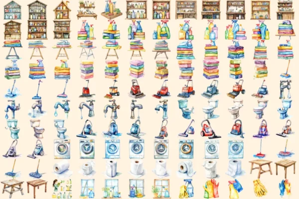 Cleaning Watercolor Clipart Bundle - 825+ transparent PNG, Cleaning supplies illustration, Sanitation png, Commercial use, Digital download