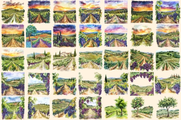 Vineyards Watercolor Clipart Bundle - 233+ transparent PNG, Rustic vineyard landscapes, Wine decor images, Commercial use, Digital download