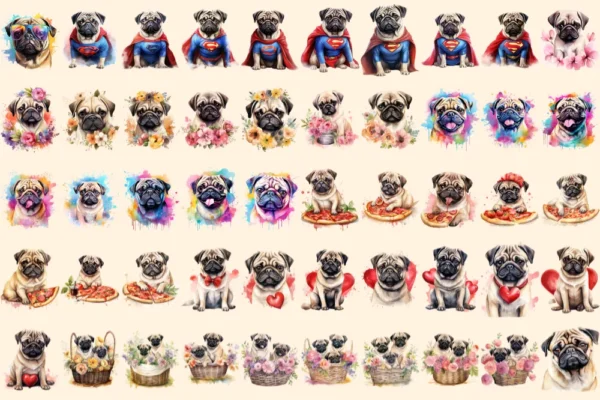 Pugs Watercolor Clipart Bundle - 345+ transparent PNG, Charming pug illustrations, Playful puppy graphics, Commercial use, Digital download