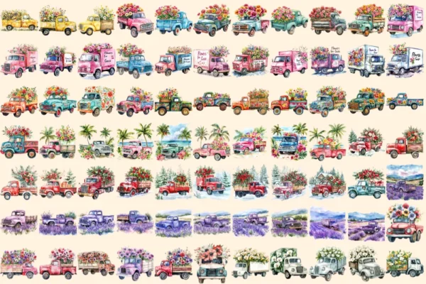 Floral Trucks Watercolor Clipart Bundle - 523+ transparent PNG, Blossom truck graphics, Floral vehicle png, Commercial use, Digital download