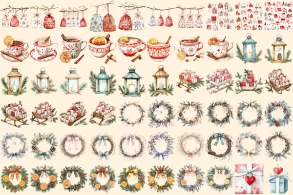 Scandinavian Christmas Watercolor Clipart Bundle - 415+ transparent PNG, Nordic festive art, holiday images, Commercial use,Digital download