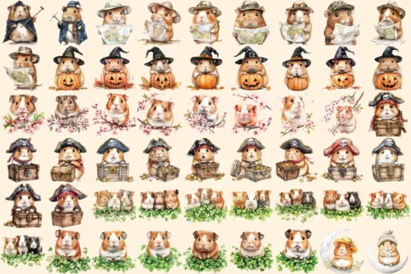 Guinea Pigs Watercolor Clipart Bundle - 365+ transparent PNG, Adorable hamster graphics, Cute pet images, Commercial use, Digital download