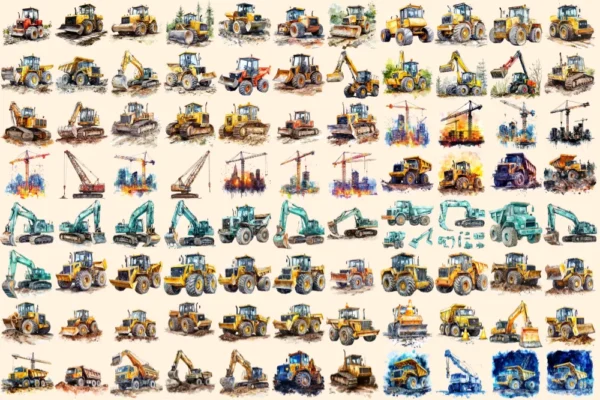 Construction Vehicles Watercolor Clipart Bundle - 600+ transparent PNG, Construction images, Machinery png, Commercial use, Digital download