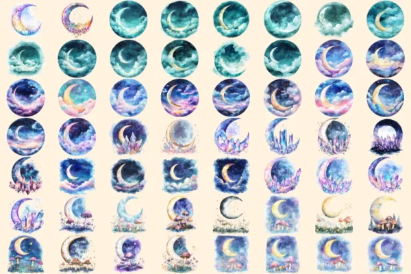 Heavenly Moons Watercolor Clipart Bundle - 389+ transparent PNG, Mystical night graphics, Ethereal moon art, Commercial use,Digital download