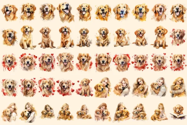 Golden Retrievers Watercolor Clipart Bundle - 345+ transparent PNG, Playful dog graphics, Golden pup art, Commercial use, Digital download