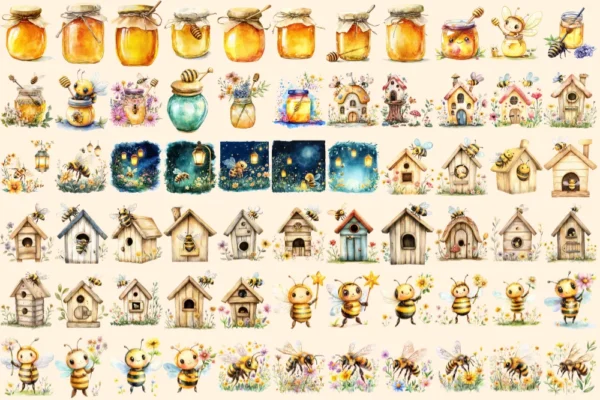 Cute Honey Bees Watercolor Clipart Bundle - 440+ transparent PNG, Sweet bee graphics, Loving insect art, Commercial use, Digital download