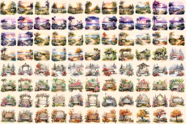 Garden Benches Watercolor Clipart Bundle - 603+ transparent PNG, lovely garden graphics, Rustic outdoor png, Commercial use,Digital download
