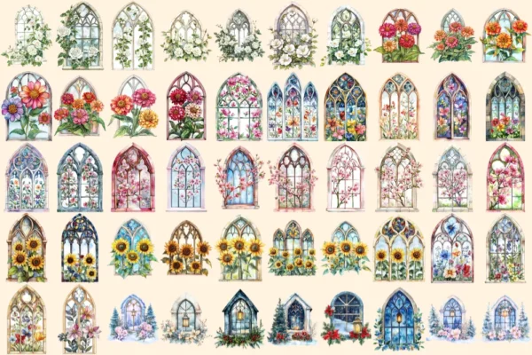 Floral Church Windows Watercolor Clipart Bundle - 340+ transparent PNG, Sacred graphics, Floral glass art, Commercial use, Digital download