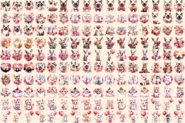 Valentine's Day Cats Watercolor Clipart Bundle - 1070+ transparent PNG, Romantic cat png,Loveable kitten art,Commercial use,Digital download