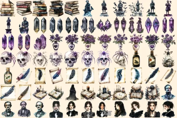 Dark Poem Watercolor Clipart Bundle - 500+ transparent PNG, Edgar allan poe graphics, Dark victorian png, Commercial use, Digital download