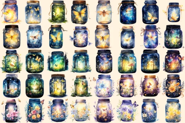 Firefly Jars Watercolor Clipart Bundle - 253+ transparent PNG, Whimsical fairytale graphics, Storybook art, Commercial use, Digital download