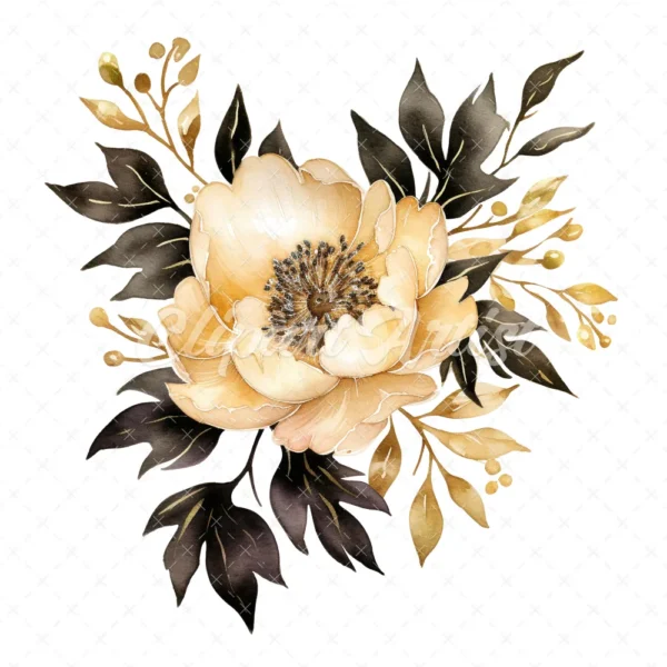 23 High-Quality Black Gold Peony Clipart - Black gold peony digital watercolor JPG instant download for commercial use - Digital download